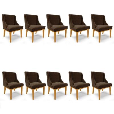Kit 10 Cadeiras Estofadas Para Sala De Jantar Base Fixa De Madeira Castanho Lia Suede Marrom - Ibiza