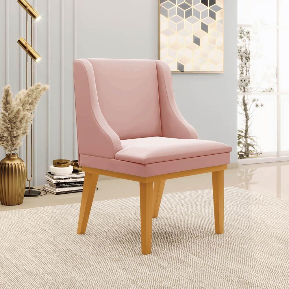 Kit 6 Cadeiras Estofadas Para Sala De Jantar Base Fixa De Madeira Castanho Lia Veludo Rosê - Ibiza - 3