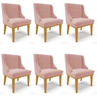 Kit 6 Cadeiras Estofadas Para Sala De Jantar Base Fixa De Madeira Castanho Lia Veludo Rosê - Ibiza - 1