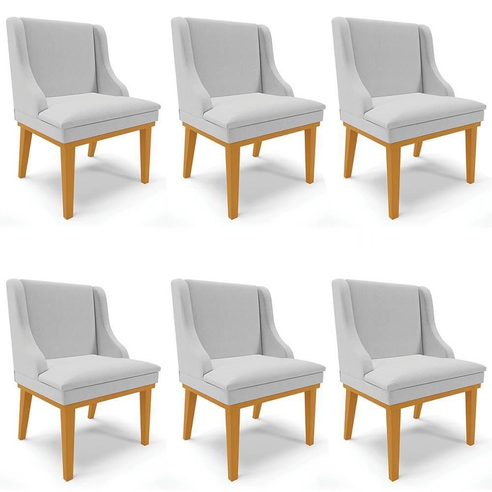 Kit 6 Cadeiras Estofadas Para Sala De Jantar Base Fixa De Madeira Castanho Lia Linho Cinza - Ibiza - 1
