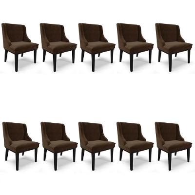 Kit 10 Cadeiras Estofadas Para Sala De Jantar Base Fixa De Madeira Preto Lia Suede Marrom - Ibiza