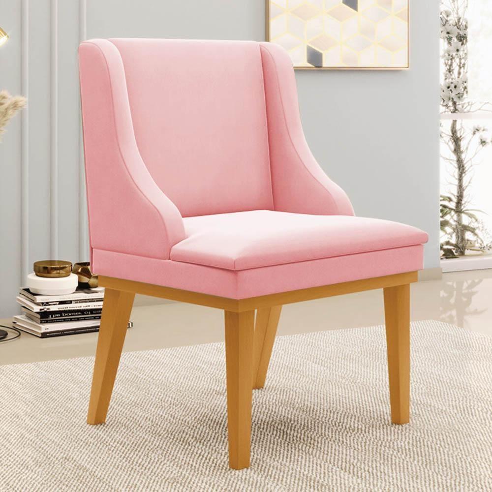 Kit 2 Cadeiras Estofadas Para Sala De Jantar Base Fixa De Madeira Castanho Lia Suede Rosa Bebê - Ibiza - 7