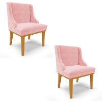 Kit 2 Cadeiras Estofadas Para Sala De Jantar Base Fixa De Madeira Castanho Lia Suede Rosa Bebê - Ibiza - 1