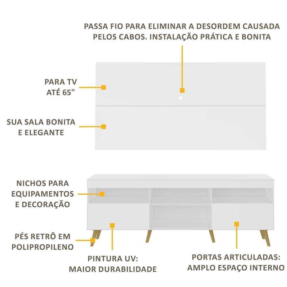 Rack Com Painel Tv 65" Retrô Flórida Multimóveis V3133 Branco/Natural Branco/Natural - 7