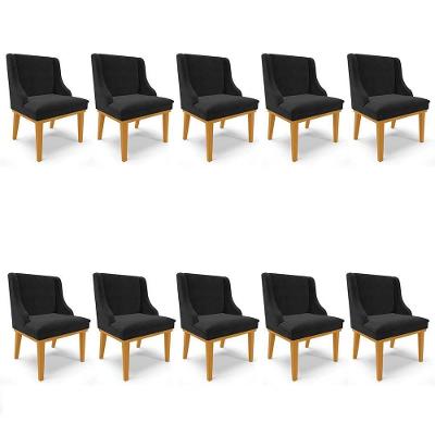 Kit 10 Cadeiras Estofadas Para Sala De Jantar Base Fixa De Madeira Castanho Lia Suede Preto - Ibiza