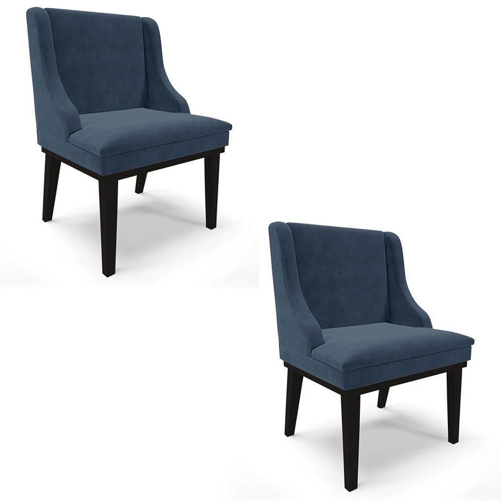 Kit 2 Cadeiras Estofadas Para Sala De Jantar Base Fixa De Madeira Preto Lia Suede Azul Marinho - Ibiza - 1