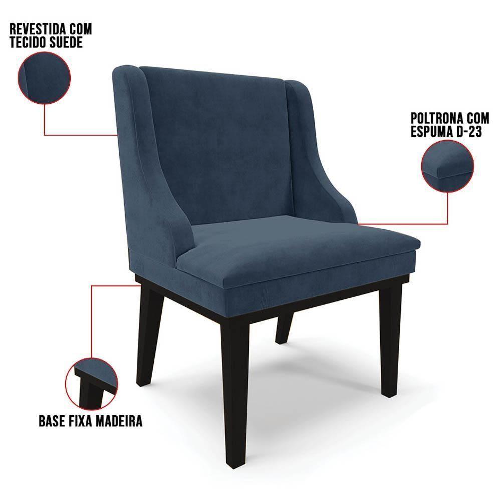 Kit 2 Cadeiras Estofadas Para Sala De Jantar Base Fixa De Madeira Preto Lia Suede Azul Marinho - Ibiza - 3