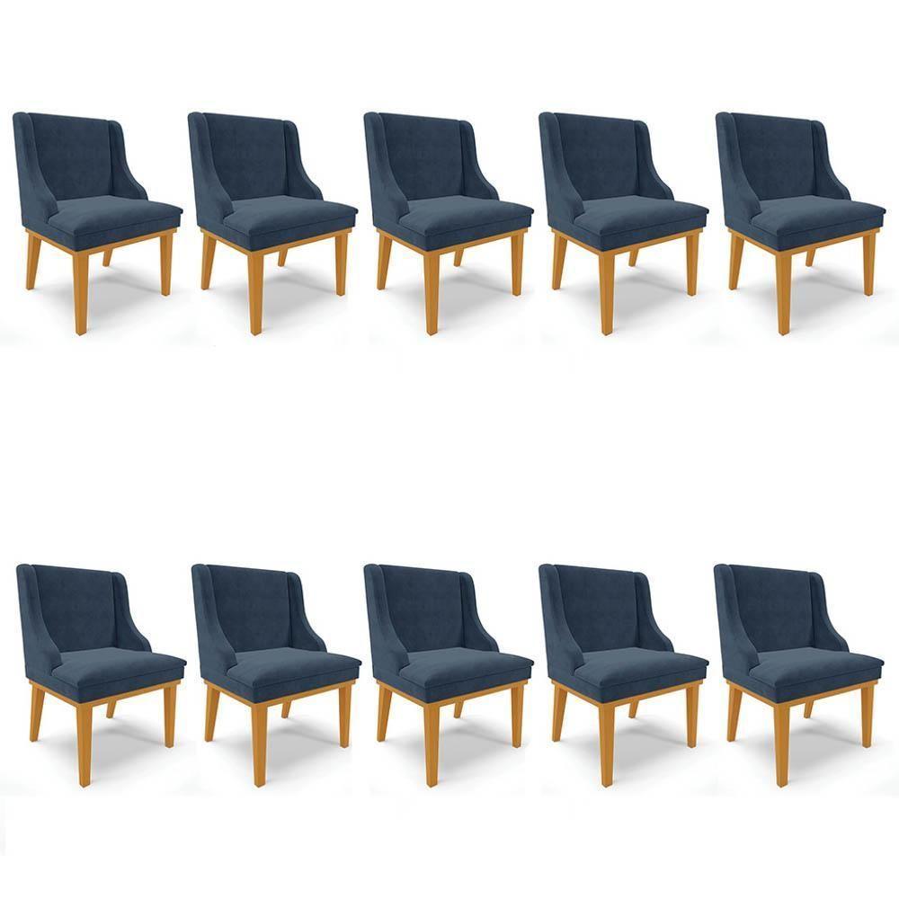 Kit 10 Cadeiras Estofadas Para Sala De Jantar Base Fixa De Madeira Castanho Lia Suede Azul Marinho - Ibiza - 1