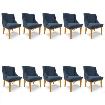 Kit 10 Cadeiras Estofadas Para Sala De Jantar Base Fixa De Madeira Castanho Lia Suede Azul Marinho - Ibiza