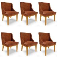 Kit 6 Cadeiras Estofadas Base Fixa De Madeira Castanho Lia Sintético Premium Nozes - Ibiza - 1