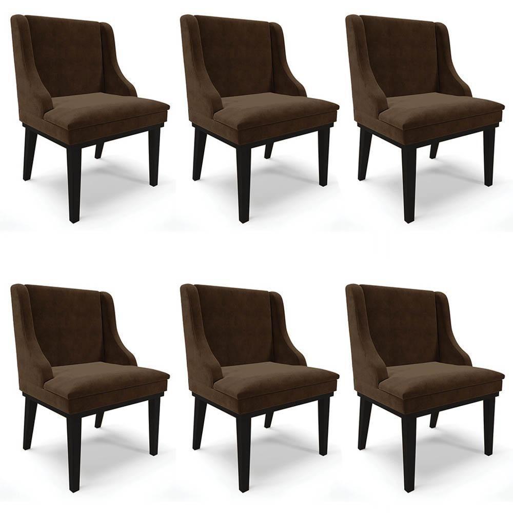Kit 6 Cadeiras Estofadas Para Sala De Jantar Base Fixa De Madeira Preto Lia Suede Marrom - Ibiza - 1