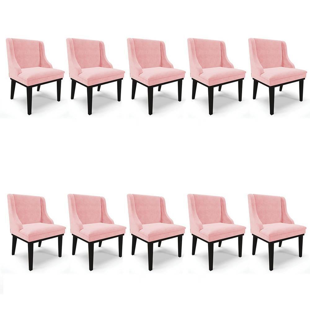 Kit 10 Cadeiras Estofadas Para Sala De Jantar Base Fixa De Madeira Preto Lia Suede Rosa Bebê - Ibiza - 1