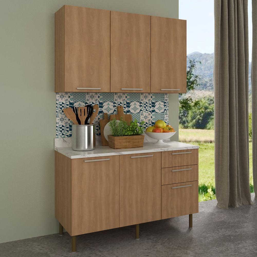 Cozinha Compacta Com Armário E Balcão Com Tampo 120cm Multimóveis Cr20447 Freijó Mármore Branco - 1