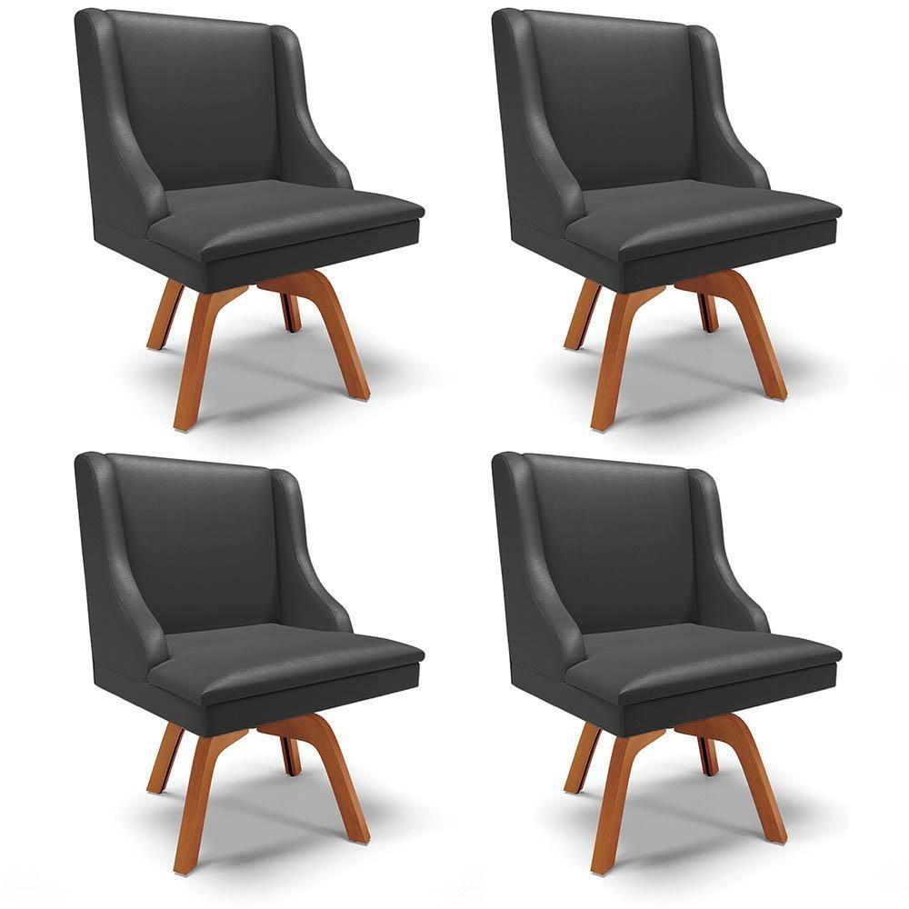 Kit 4 Cadeiras Estofadas Para Sala De Jantar Base Giratória De Madeira Lia Sintético Preto - Ibiza - 1