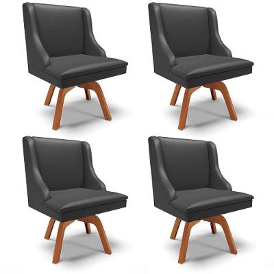 Kit 4 Cadeiras Estofadas Para Sala De Jantar Base Giratória De Madeira Lia Sintético Preto - Ibiza