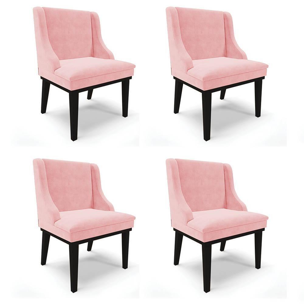 Kit 4 Cadeiras Estofadas Para Sala De Jantar Base Fixa De Madeira Preto Lia Suede Rosa Bebê - Ibiza - 1