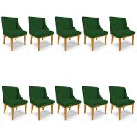 Kit 10 Cadeiras Estofadas Para Sala De Jantar Base Fixa De Madeira Castanho Lia Veludo Verde - Ibiza - 1
