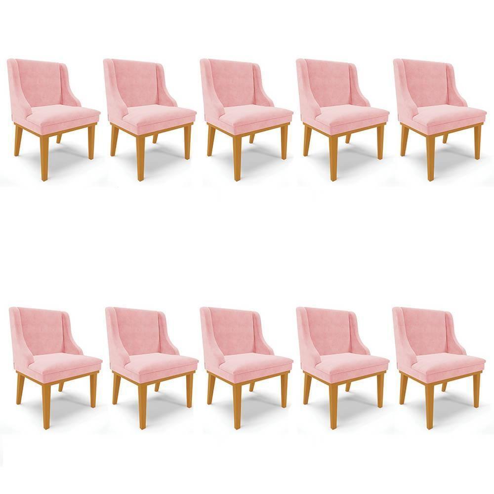 Kit 10 Cadeiras Estofadas Para Sala De Jantar Base Fixa De Madeira Castanho Lia Suede Rosa Bebê - Ibiza - 1