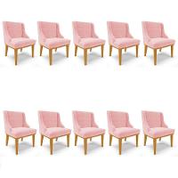 Kit 10 Cadeiras Estofadas Para Sala De Jantar Base Fixa De Madeira Castanho Lia Suede Rosa Bebê - Ibiza - 1