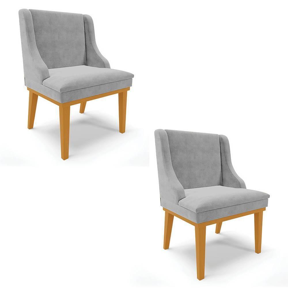 Kit 2 Cadeiras Estofadas Para Sala De Jantar Base Fixa De Madeira Castanho Lia Suede Cinza - Ibiza - 1