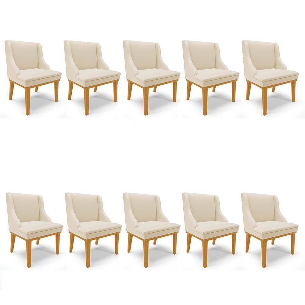 Kit 10 Cadeiras Estofadas Sala De Jantar Base Fixa De Madeira Castanho Lia Sintético Bege - Ibiza - 1
