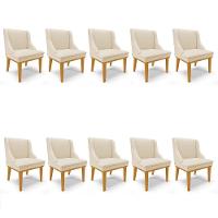 Kit 10 Cadeiras Estofadas Sala De Jantar Base Fixa De Madeira Castanho Lia Sintético Bege - Ibiza - 1