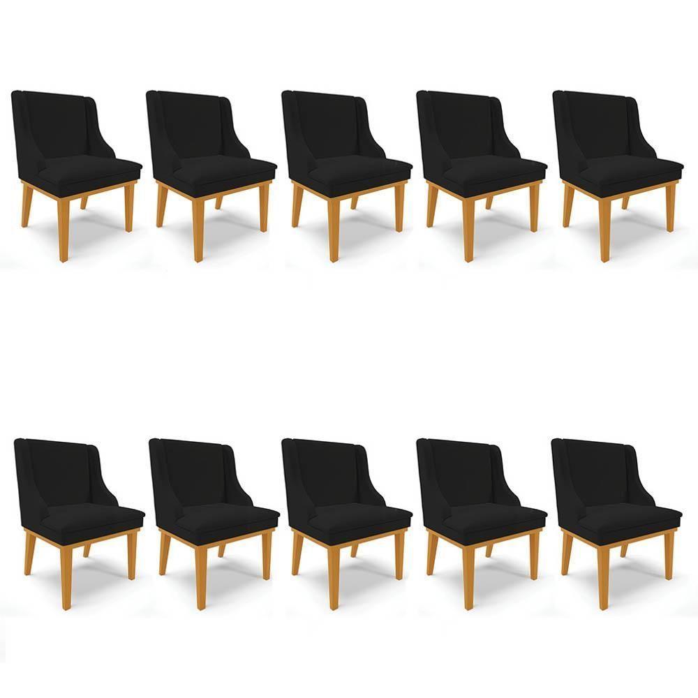 Kit 10 Cadeiras Estofadas Para Sala De Jantar Base Fixa De Madeira Castanho Lia Linho Preto - Ibiza - 1