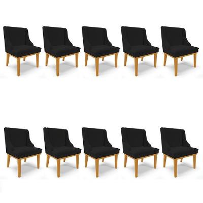 Kit 10 Cadeiras Estofadas Para Sala De Jantar Base Fixa De Madeira Castanho Lia Linho Preto - Ibiza
