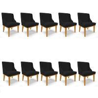 Kit 10 Cadeiras Estofadas Para Sala De Jantar Base Fixa De Madeira Castanho Lia Linho Preto - Ibiza - 1