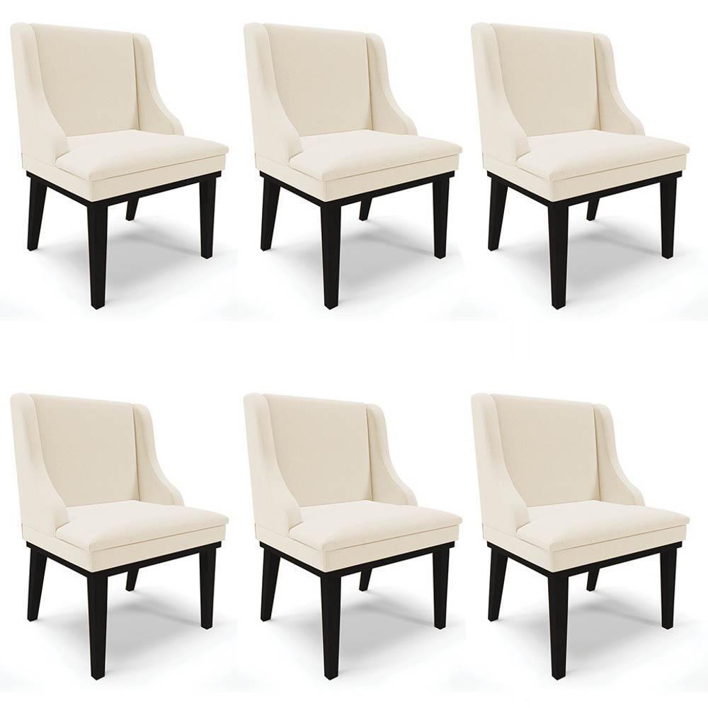 Kit 6 Cadeiras Estofadas Para Sala De Jantar Base Fixa De Madeira Preto Lia Linho Bege - Ibiza - 1