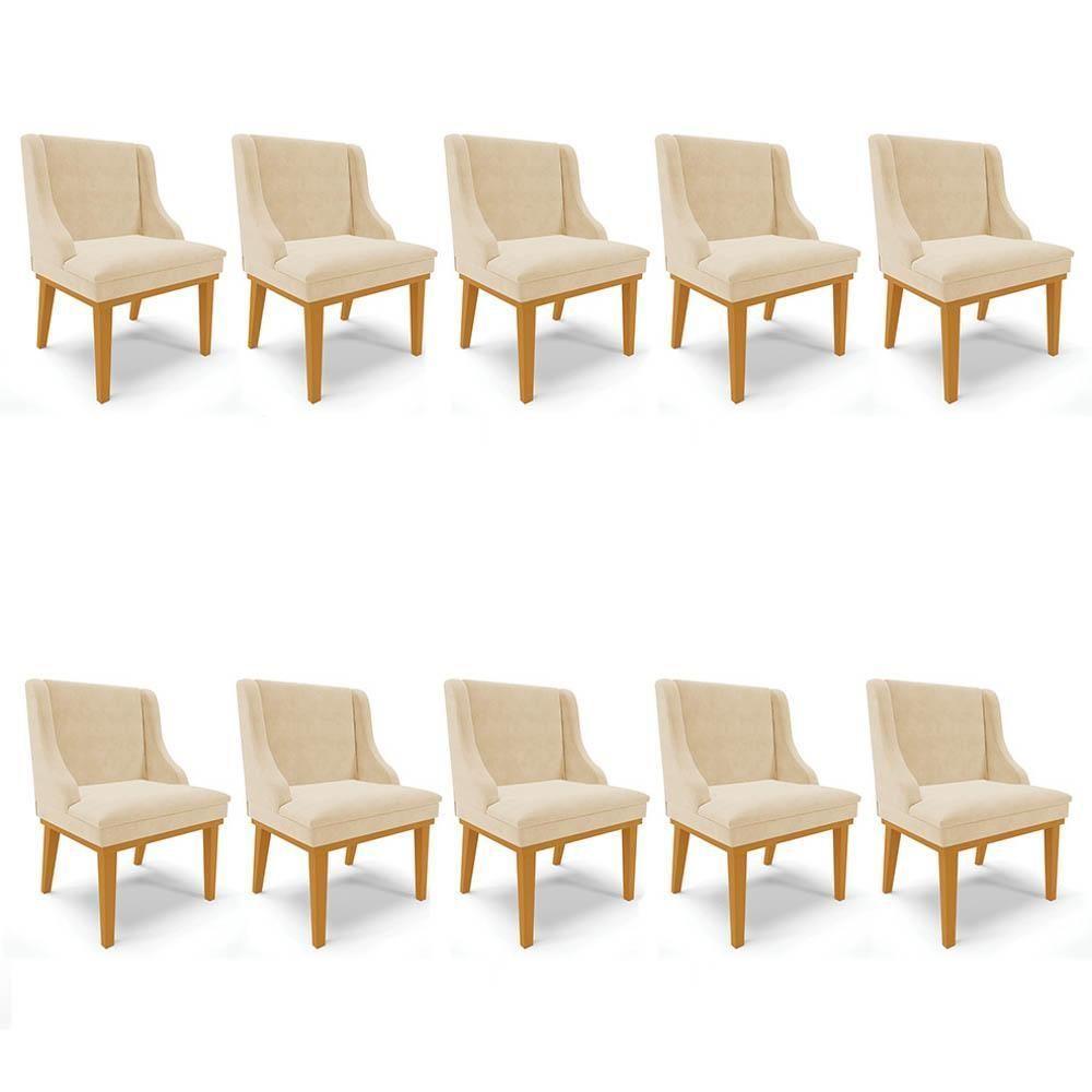 Kit 10 Cadeiras Estofadas Para Sala De Jantar Base Fixa De Madeira Castanho Lia Suede Bege - Ibiza - 1