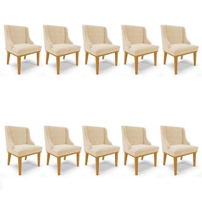 Kit 10 Cadeiras Estofadas Para Sala De Jantar Base Fixa De Madeira Castanho Lia Suede Bege - Ibiza