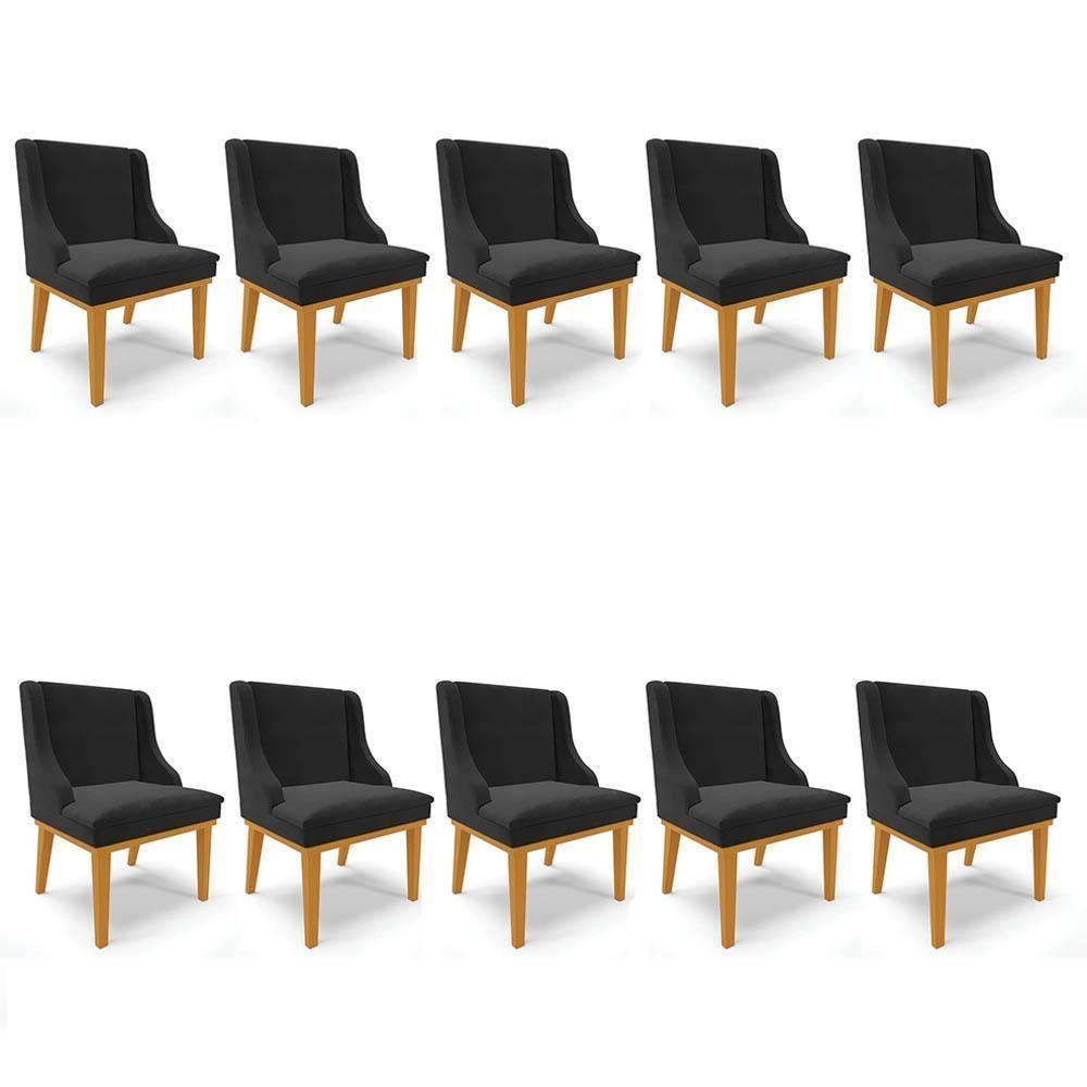 Kit 10 Cadeiras Estofadas Para Sala De Jantar Base Fixa De Madeira Castanho Lia Veludo Preto - Ibiza - 1