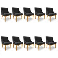 Kit 10 Cadeiras Estofadas Para Sala De Jantar Base Fixa De Madeira Castanho Lia Veludo Preto - Ibiza - 1