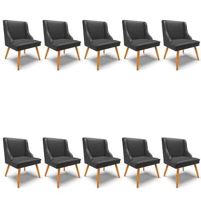 Kit 10 Cadeiras Estofadas Para Sala De Jantar Pés Palito Lia Sintético Preto - Ibiza