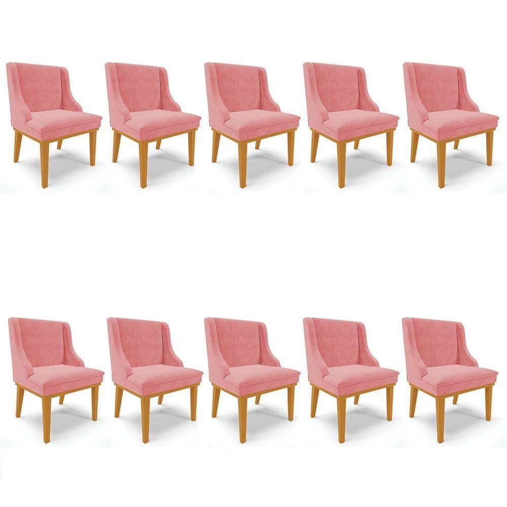Kit 10 Cadeiras Estofadas Para Sala De Jantar Base Fixa De Madeira Castanho Lia Suede Rosê - Ibiza - 1
