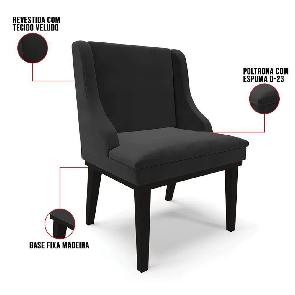 Kit 6 Cadeiras Estofadas Para Sala De Jantar Base Fixa De Madeira Preto Lia Veludo Preto - Ibiza - 3