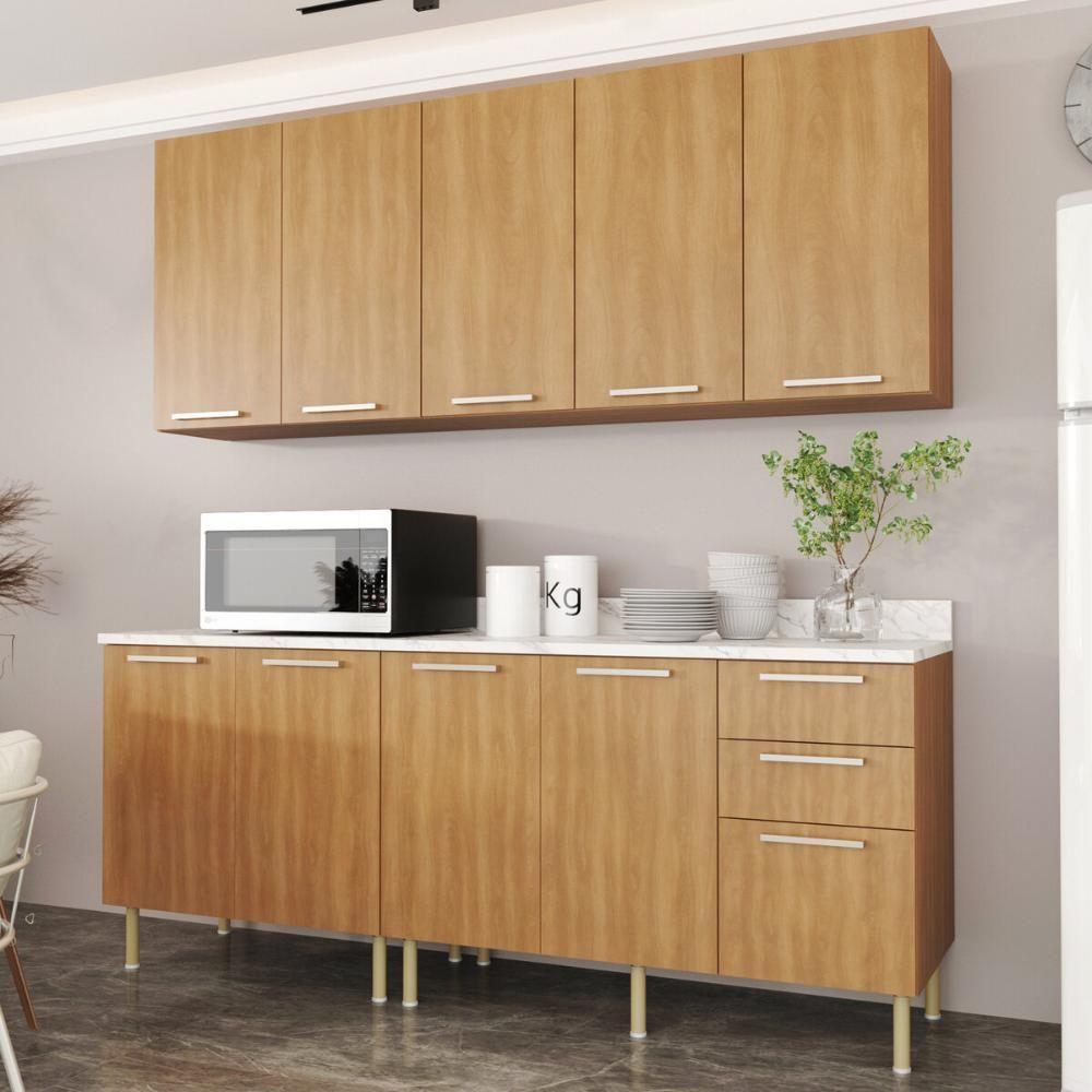 Cozinha Compacta 4 Peças Com Armário E Balcão Com Tampo Multimóveis Cr20448 Freijó Mármore Branco - 1