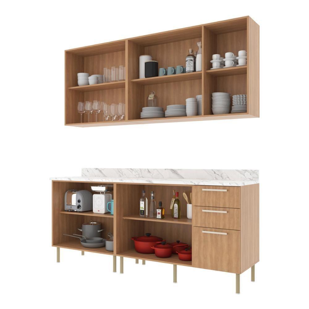 Cozinha Compacta 4 Peças Com Armário E Balcão Com Tampo Multimóveis Cr20448 Freijó Mármore Branco - 4