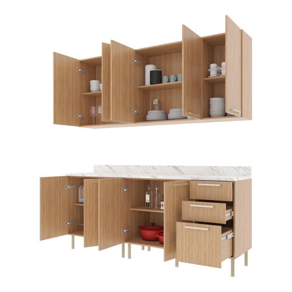 Cozinha Compacta 4 Peças Com Armário E Balcão Com Tampo Multimóveis Cr20448 Freijó Mármore Branco - 5