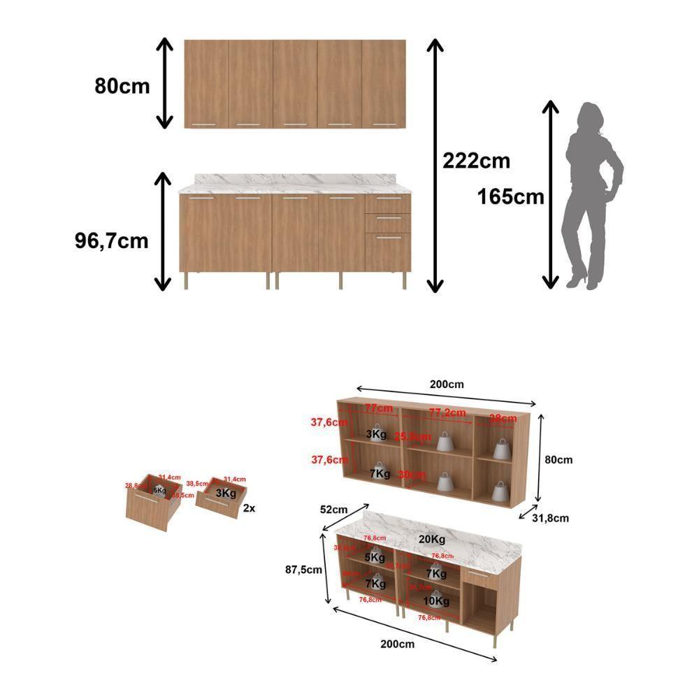Cozinha Compacta 4 Peças Com Armário E Balcão Com Tampo Multimóveis Cr20448 Freijó Mármore Branco - 7