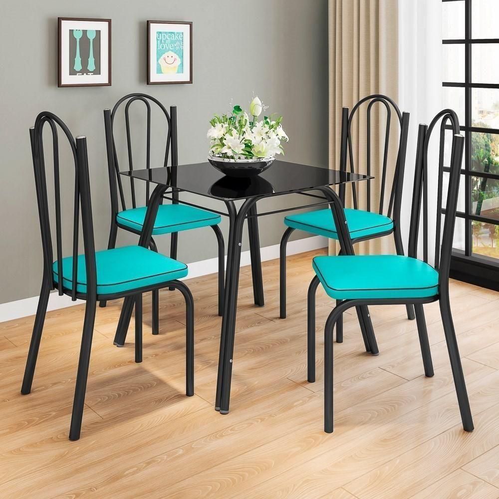 Jogo De Mesa Lótus Tampo De Vidro E 4 Cadeiras 121 Preto-azul Turquesa - Artefamol - 2