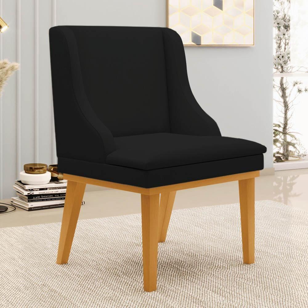 Kit 2 Cadeiras Estofadas Para Sala De Jantar Base Fixa De Madeira Castanho Lia Linho Preto - Ibiza - 2