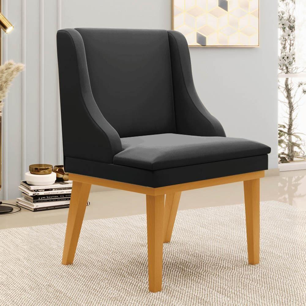 Kit 2 Cadeiras Estofadas Para Sala De Jantar Base Fixa De Madeira Castanho Lia Veludo Preto - Ibiza - 2