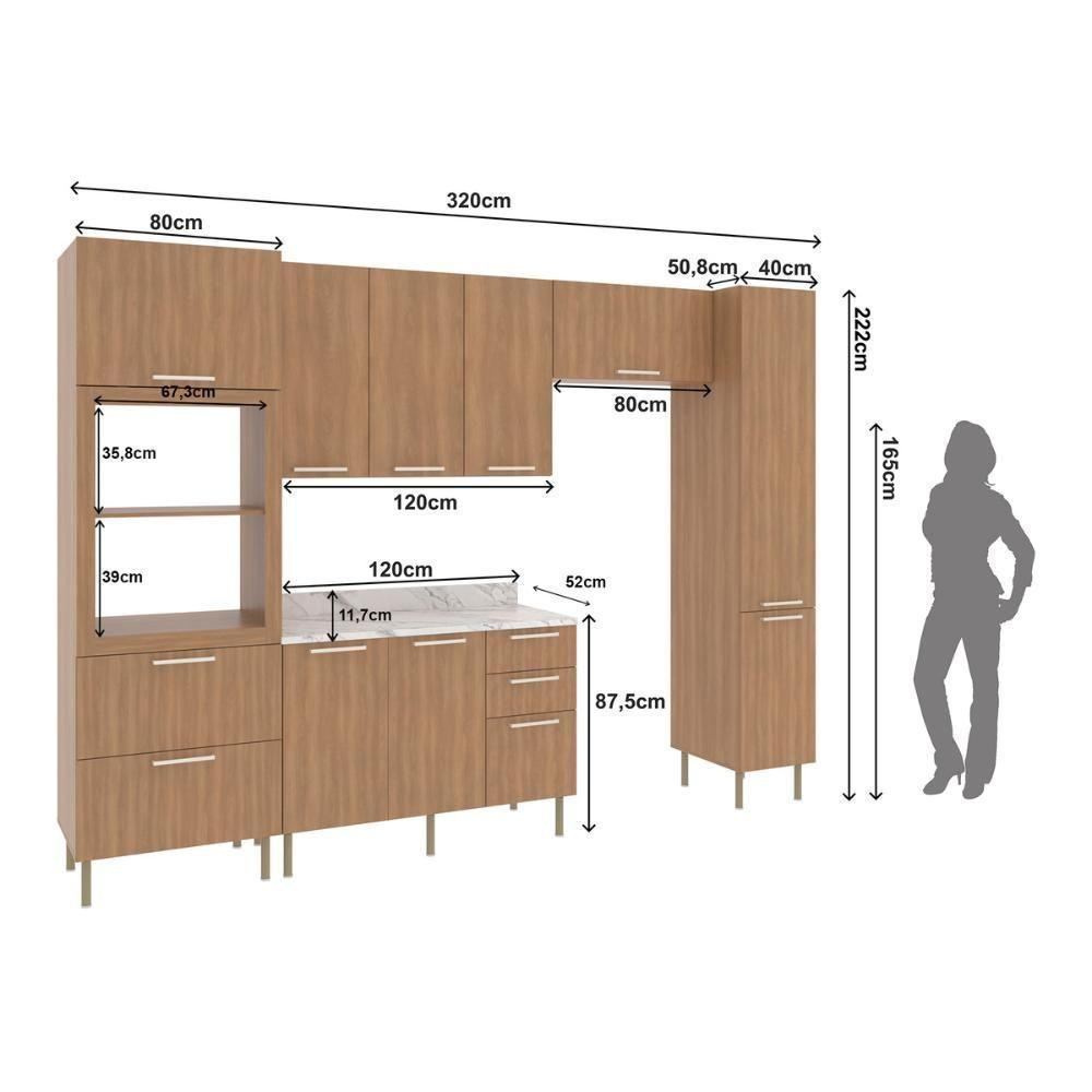 Cozinha Completa Modulada 5 Peças Com Balcão Com Tampo Multimóveis Cr20451 Freijó Mármore Branco - 3