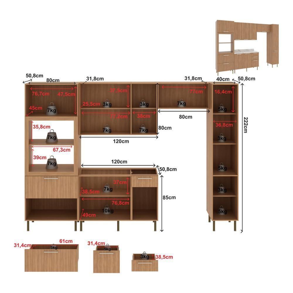 Cozinha Completa Modulada 5 Peças Com Balcão Com Tampo Multimóveis Cr20451 Freijó Mármore Branco - 5
