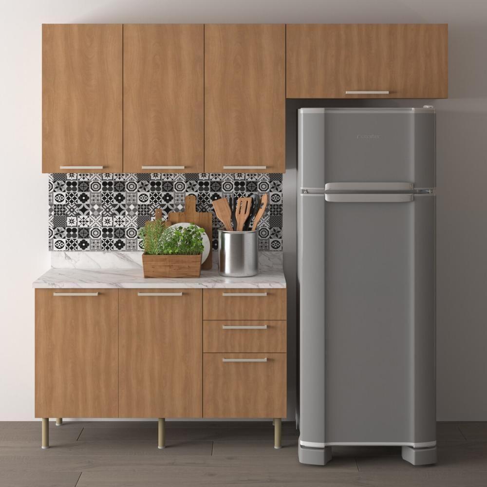 Cozinha Compacta 3 Peças Com Armários E Balcão Com Tampo Multimóveis Cr20449 Freijó Mármore Branco - 1