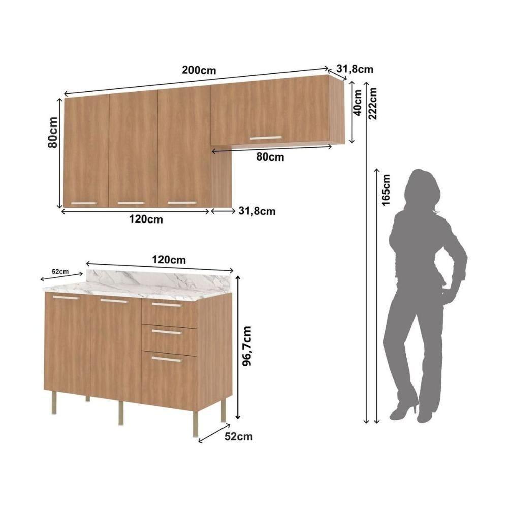Cozinha Compacta 3 Peças Com Armários E Balcão Com Tampo Multimóveis Cr20449 Freijó Mármore Branco - 3