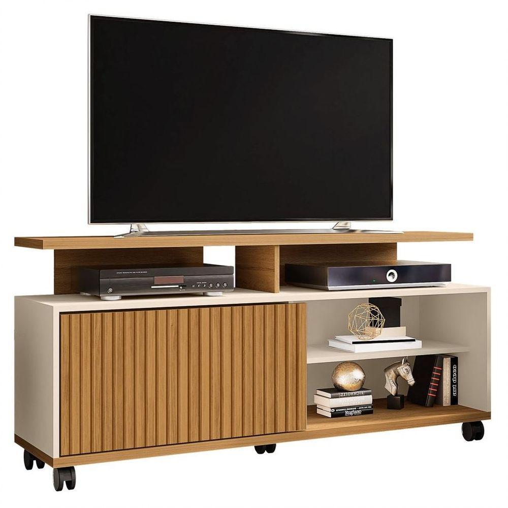 Rack Bancada Para Tv Até 52 Pol. Com Rodízios 1 Porta Topázio Cinamomo/Off White/Ripado - Bechara - 1