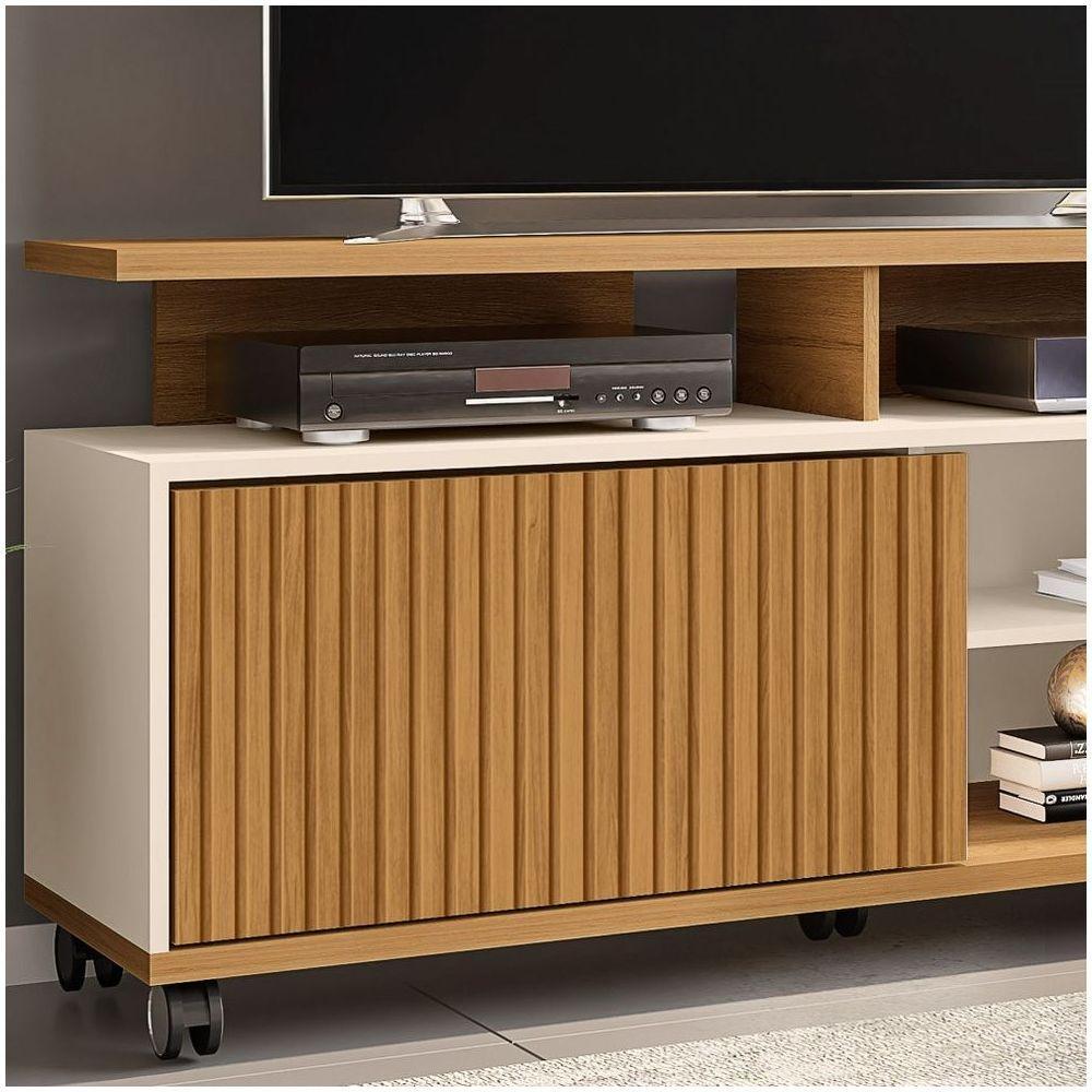 Rack Bancada Para Tv Até 52 Pol. Com Rodízios 1 Porta Topázio Cinamomo/Off White/Ripado - Bechara - 3